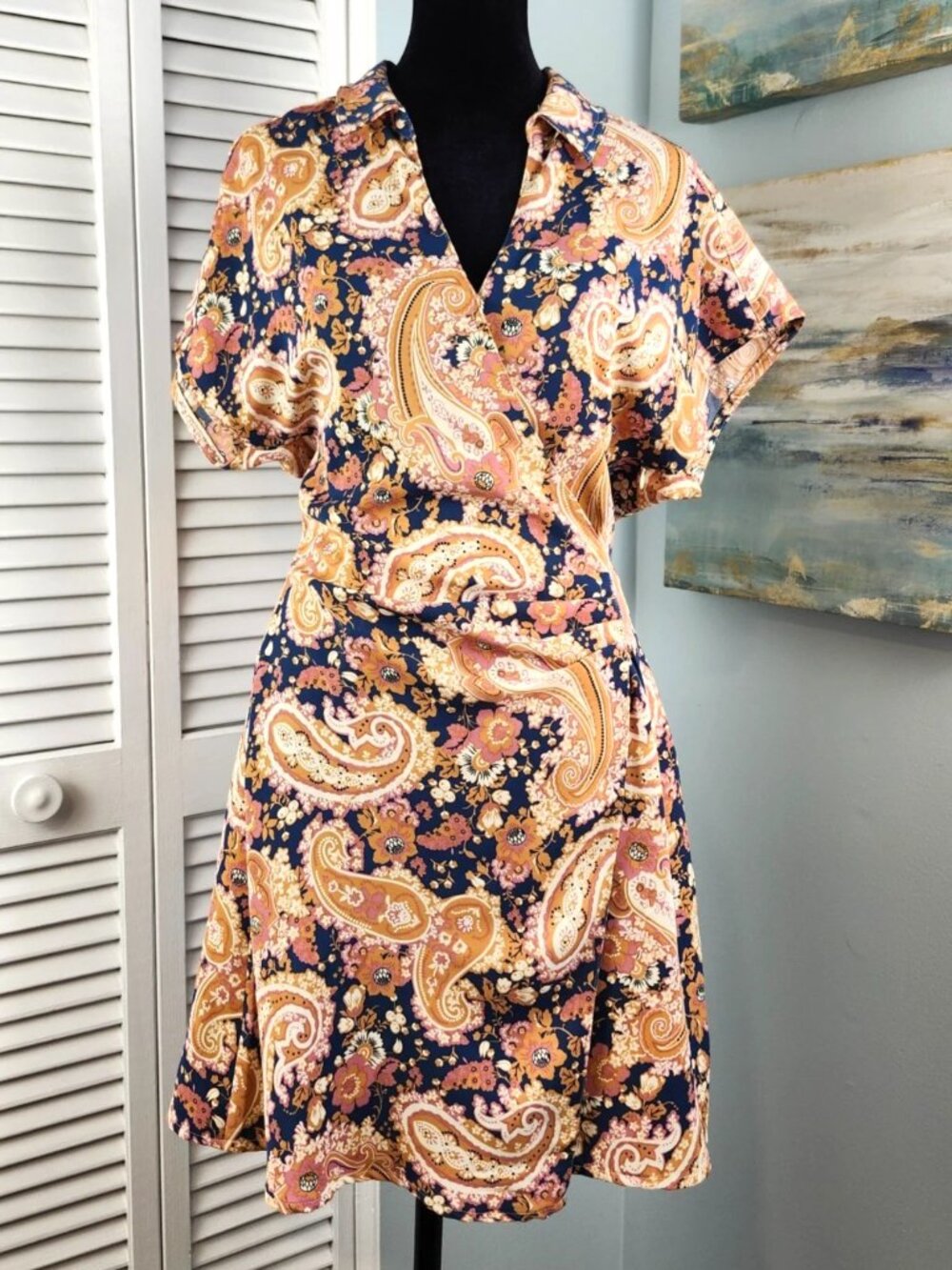 Entro Anthropologie Mini Dress S Paisley Floral V Neck Ruched Waist Summer Sexy